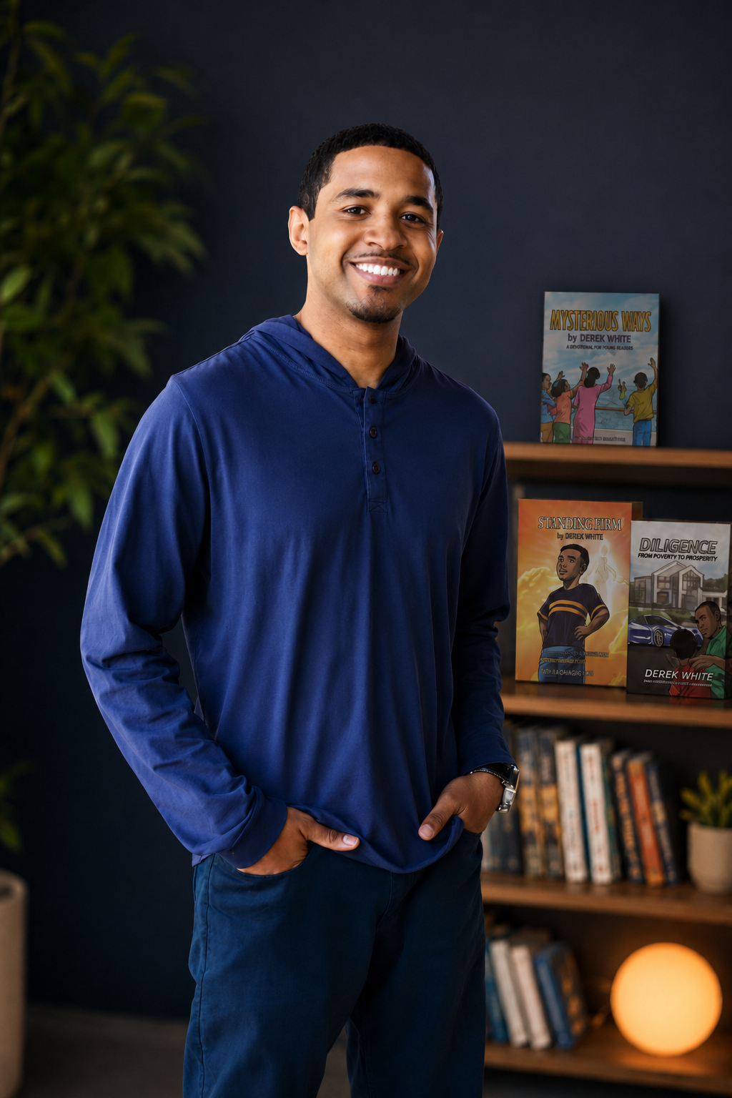 Derek White author portrait with his books displayed behind him